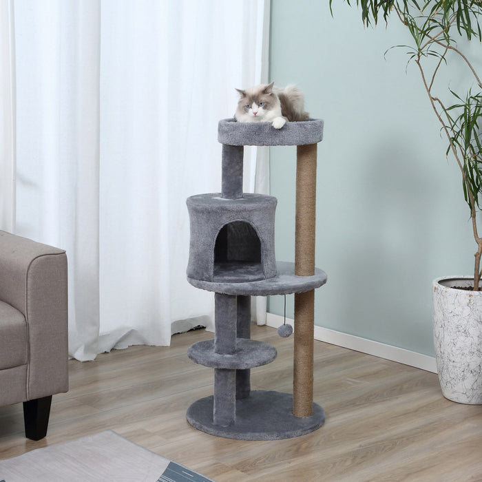 Pawhut Arbre A Chat De 104 Cm, Tour D'arbre Pour Chat, Centre D'activites Pour Chat Avec Griffoirs, Perchoir En Peluche, Boule Suspendue – Gris