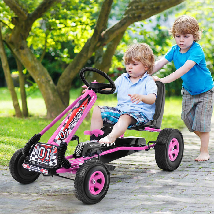 Costway Go Kart 4 Roues Pedale Alimentee Enfants Rouler Sur Jouet Avec Siege Reglable Rose