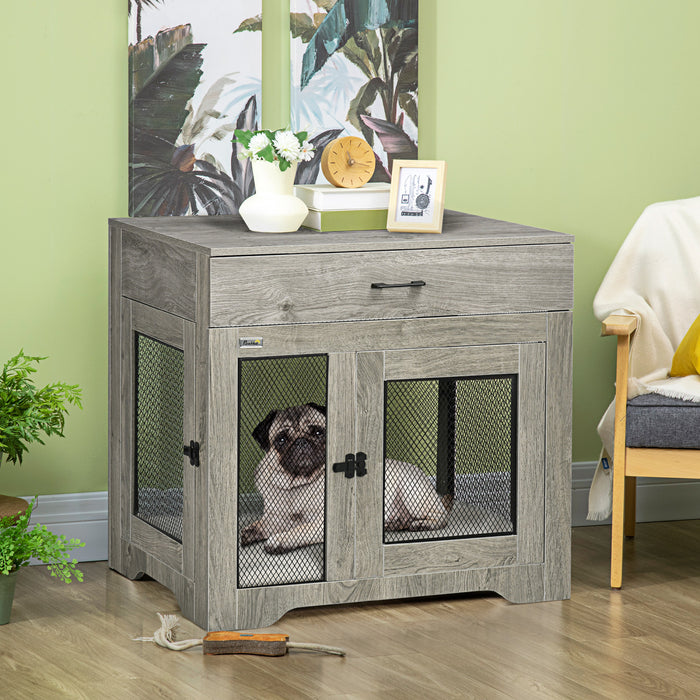 Pawhut Cage Pour Chien Avec Coussin, 2 Portes, Table D'appoint Avec Rangement, Cage D'interieur Pour Chiens De Petite Et Moyenne Taille, Gris