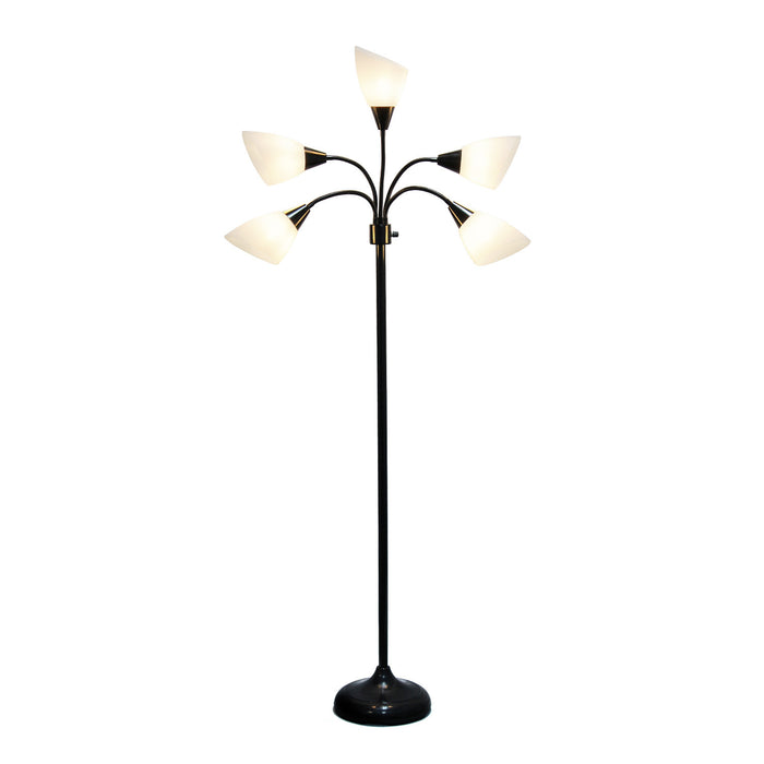 Skye Lampadaire a 5 lumieres avec cols de cygne reglables, Noir et Blanc, 67 po H