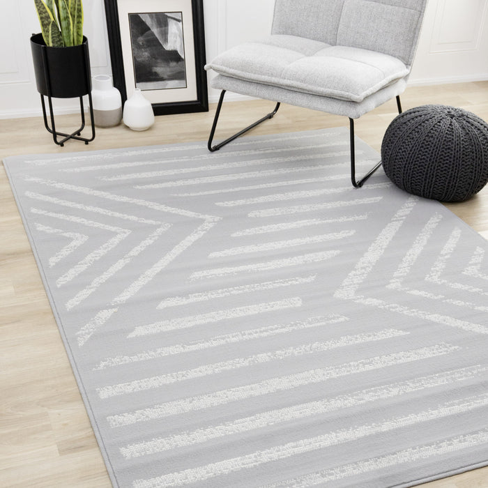 Carpette Forte grise et blanche à motif de rayures modernes - 7 pi 9 po x 10 pi 6 po