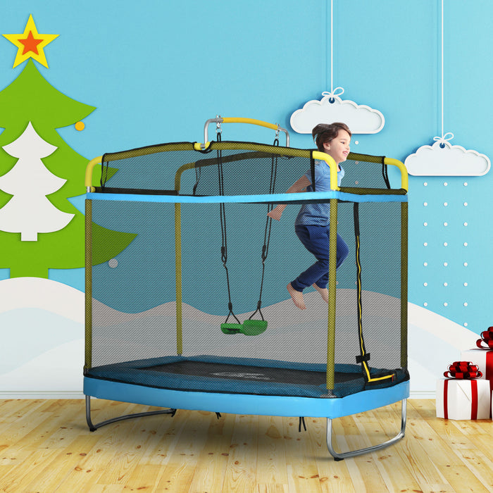 Qaba Trampoline Pour Enfants De 6,9 Pieds, Mini Trampoline 3 En 1 Avec Filet De Securite, Barre De Gymnastique, Balancoire, Trampoline Pour Tout-petits Pour Bebe De 3 Ans Et Plus, Bleu Clair
