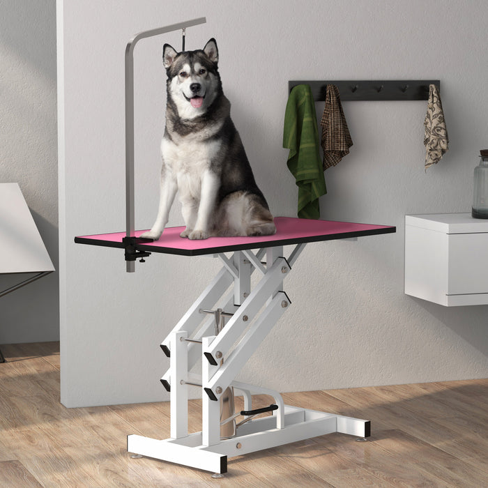 Pawhut Table De Toilettage Pour Chien, Table De Toilettage Professionnelle De Luxe Pour Chiens De Grande Taille, Levage En Z Hydraulique Avec Nœud Coulant Pour Bras – Rose