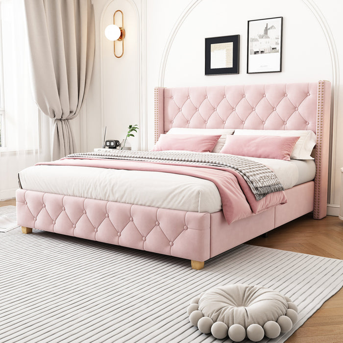 Lit plateforme en lin Haley avec tete de lit a ailes classiques et capitonnage en diamant, taille Full, rose