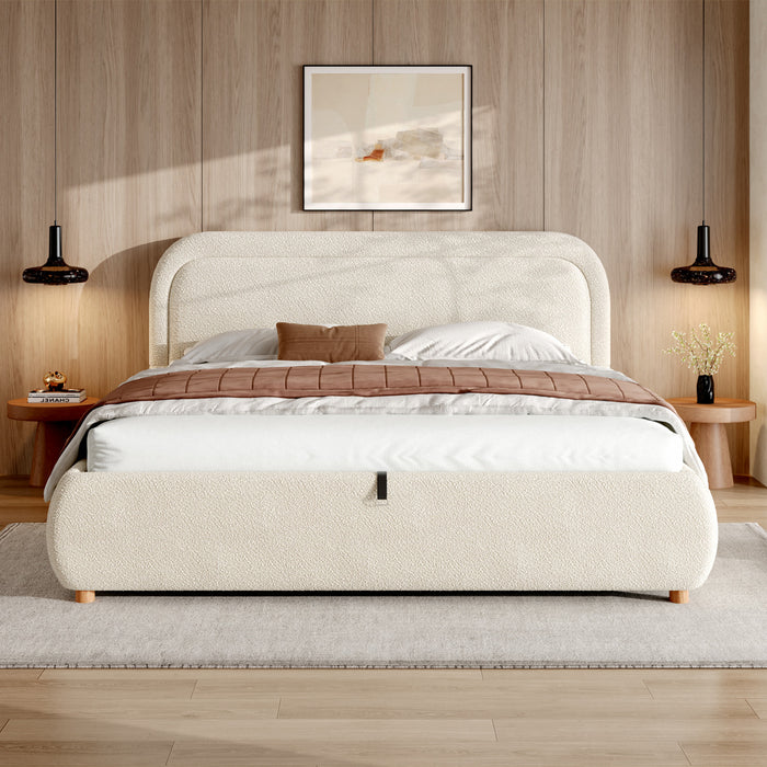 Lit plateforme Sophia avec rangement a levage hydraulique, revetement en boucle, taille king, beige