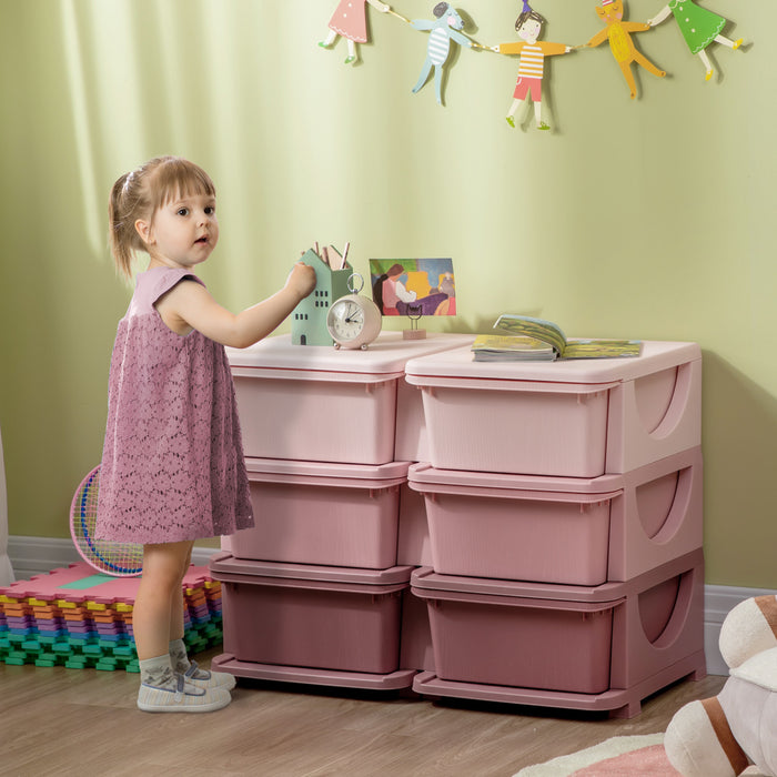 Qaba Unite De Rangement Pour Enfants A 3 Niveaux, Coffre A 6 Tiroirs, Organisateur De Jouets, Bacs En Plastique Pour Chambre D'enfant, Creche, Jardin D'enfants, Rose
