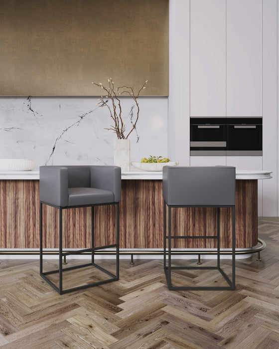 Tabouret de bar Embassy style milieu du siecle en metal et tissu gris - Lot de 3