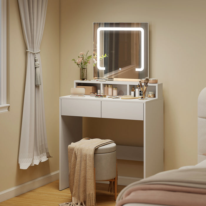 HOMCOM Bureau de maquillage avec miroir, lumieres LED, tiroirs, blanc