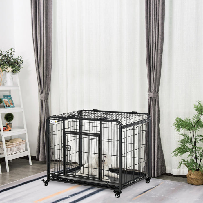 Pawhut Cage Pour Chien Pliable Cage De Transport Sur Roulettes 2 Portes Verrouillables Plateau Amovible Metal Gris Noir