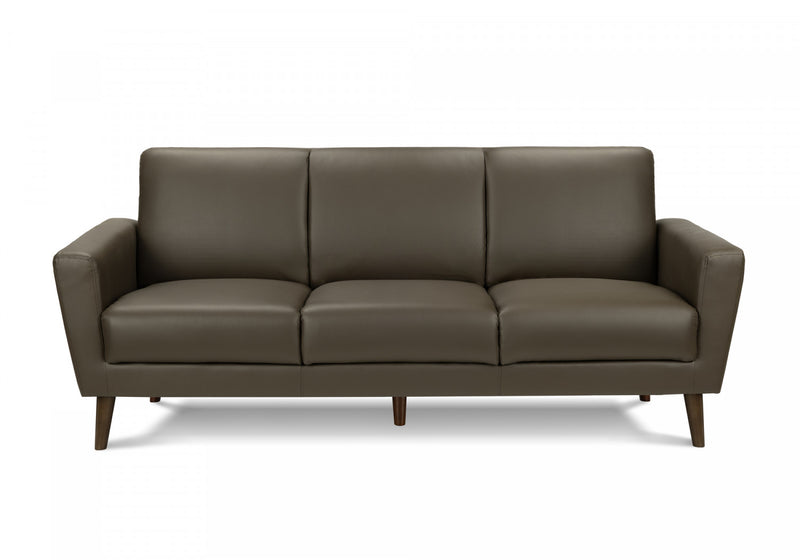 Sofa Rembourre, 77\"L, Aspect Cuir Brun, Pieds En Bois Massif, Contemporain, Moderne