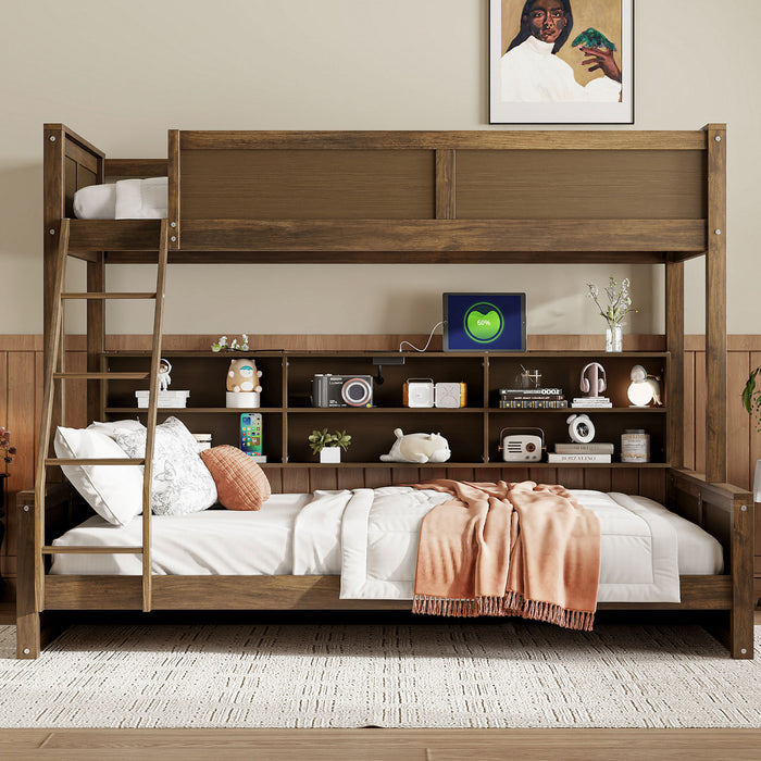 Lit superpose Liam en bois massif Twin XL sur Queen avec rangement et ports USB, brun