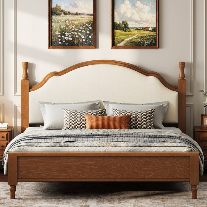 Lit plateforme Miles en bois format Queen avec tete de lit rembourree incurvee, brun