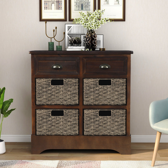 Buffet De Rangement Tobey En Bois Massif Avec 2 Tiroirs Et 4 Paniers En Rotin, Espresso
