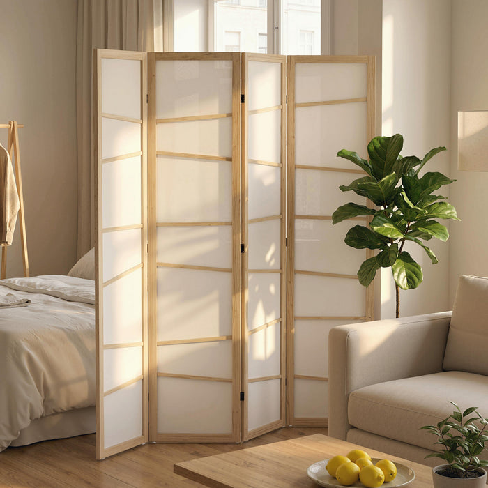 HOMCOM Paravent Pliable, Ecran de Confidentialite a 4 Panneaux, Bois Naturel