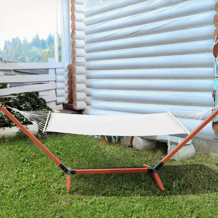 Outsunny 130\" X 50\" Hamac Avec Support Lit De Camping Chaise Longue Autoportante Avec Cadre En Bois Tissu De Coton Pour L'exterieur Et L'interieur Blanc Teck