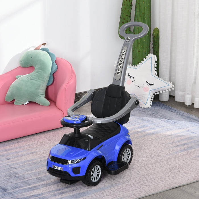 Aosom 3 En 1 Kid Ride On Push Car Poussette Voiture De Marche Coulissante Avec Klaxon Musique Fonction D'eclairage Barre Securisee Ride On Toy Pour Garcon Fille Tout-petits 1-3 Ans Bleu