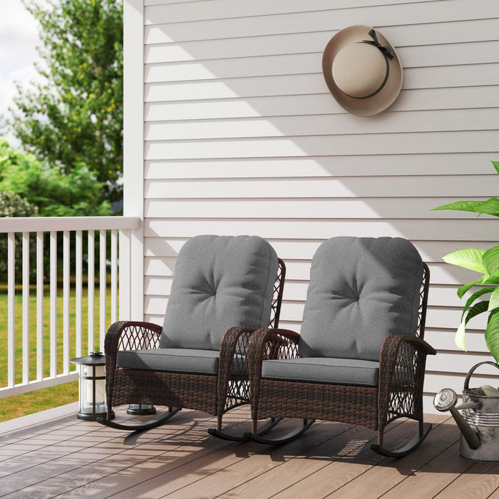 Outsunny Lot De 2 Chaises A Bascule En Rotin Avec Coussin Pour Jardin, Gris