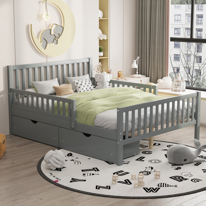 Emma – Lit Plateforme en Bois avec Barrieres de Protection et Tiroirs de Rangement, Format Double - Gris