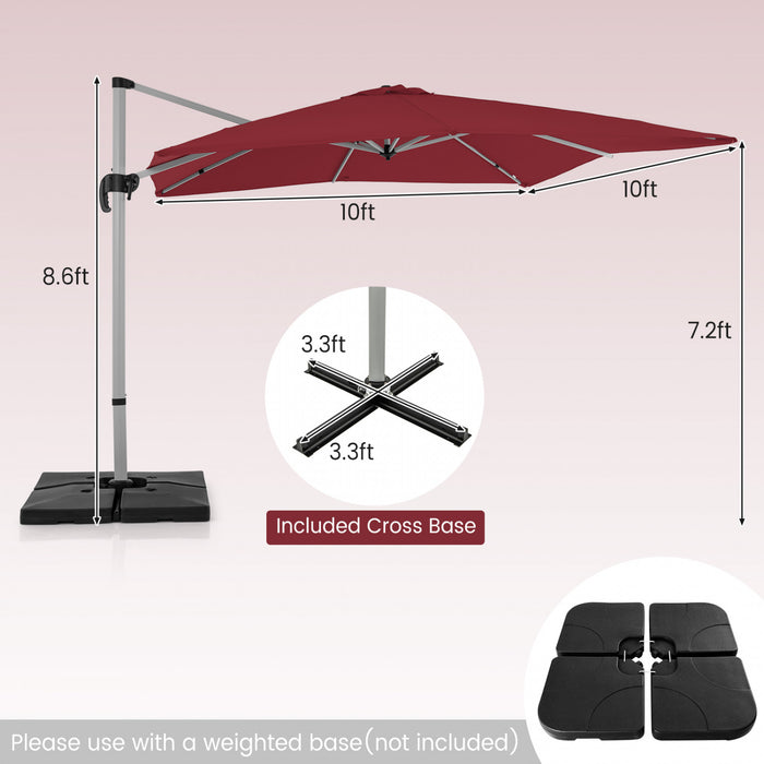 Costway Parasol d'exterieur a bras articule 10 pieds en aluminium suspendu deporte, avec rotation a 360° Rouge