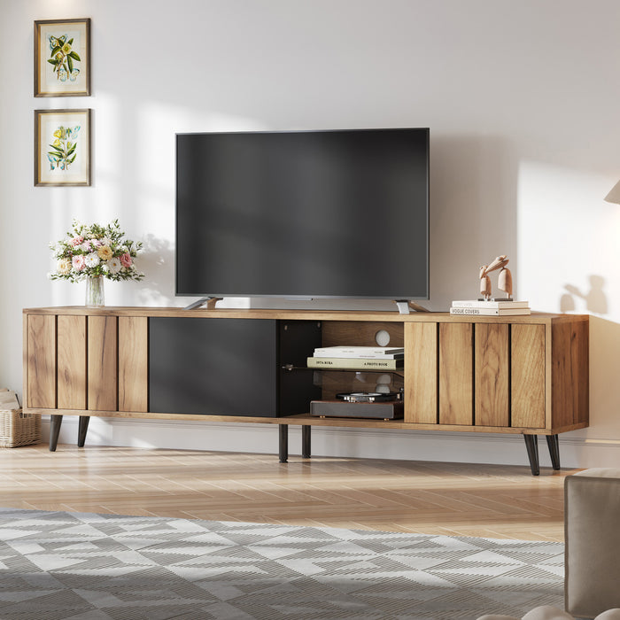Nathan meuble TV – meuble multimedia avec 3 portes et etageres ouvertes, finition naturelle
