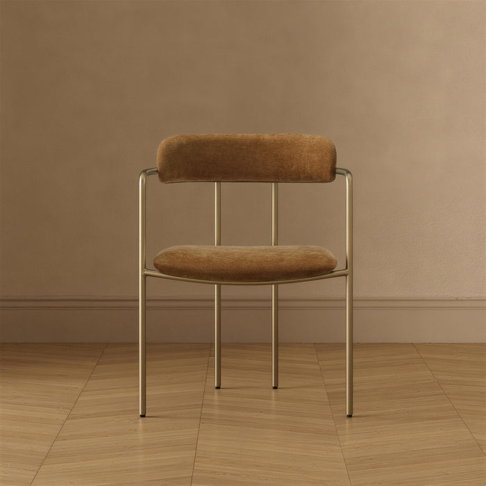 Chaise de salle a manger moderne mi-siecle en metal et tissu, coloris curcuma