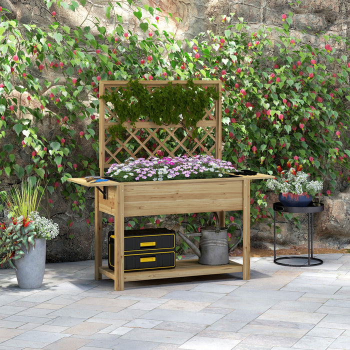Outsunny Lit De Jardin Sureleve Avec Treillis Et Etageres Pliables, Naturel
