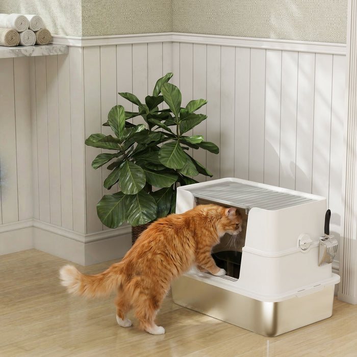 Bac a Litiere en Acier Inoxydable avec Couvercle, Bac XL pour Chat