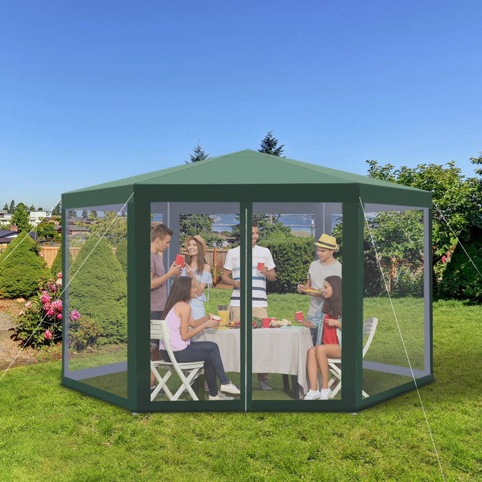 Tonnelle Barnum Tente De Reception Hexagonale 10 MĠ Style Cosy Metal Polyester Impermeabilise Surface Env. 10 MĠ Vert Blanc