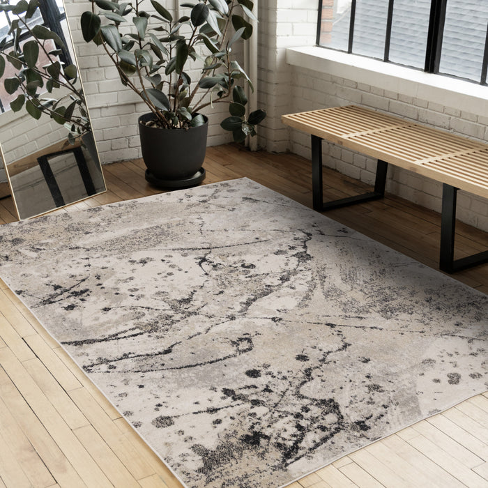 Tapis Sophie a motif d'eclaboussures de peinture grises, beiges, noires et blanches, 5'3\" x 7'7\"