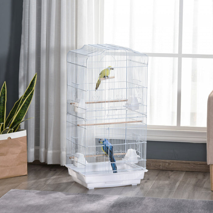 Pawhut 36\" Cage A Oiseaux Ara Maison De Jeu Cacatoes Perroquet Cage De Vol 2 Portes Perchoir 4 Mangeoire Fournitures Pour Animaux Blanc