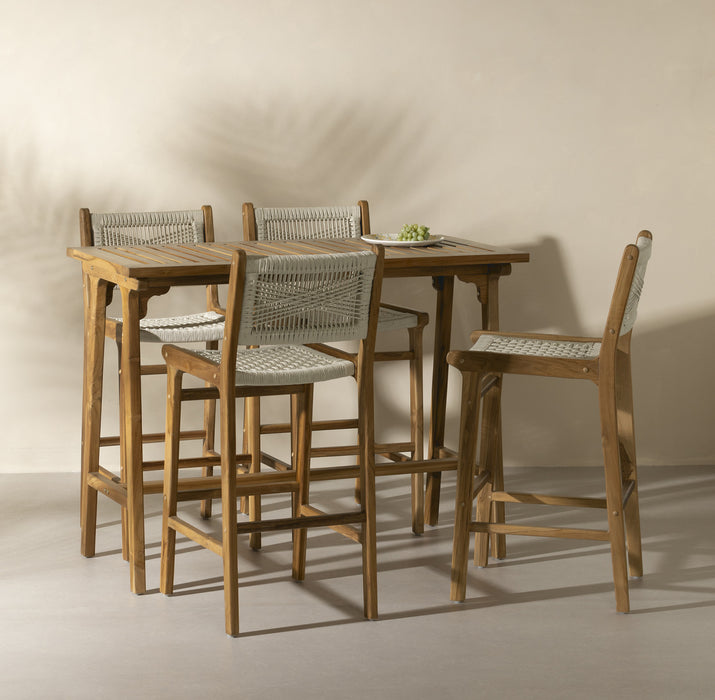  Table de salle à manger Agave de hauteur bar en teck avec ensemble de 4 tabourets bar en corde tressée - crème et naturelle