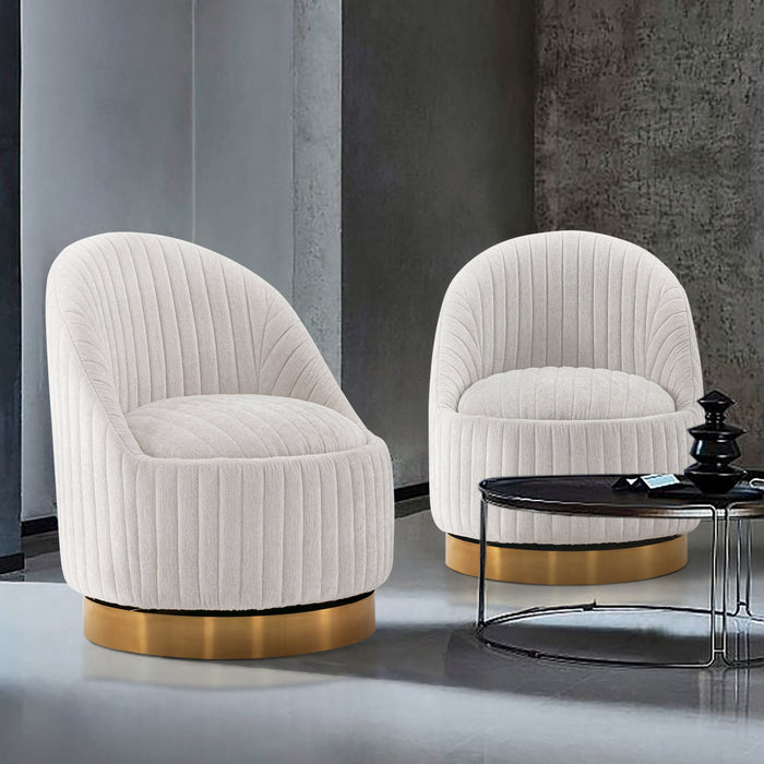 Fauteuil pivotant moderne en chenille Leela couleur creme - Lot de 2