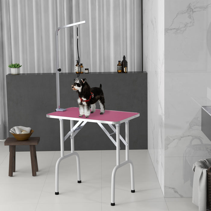 Pawhut Table De Toilettage Pour Petits Chiens, Table De Toilettage Pliable Pour Chiens Et Chats Avec Bras Reglable, Surface Antiderapante, Rose