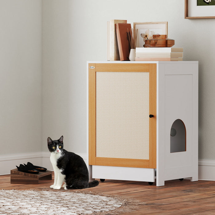 Pawhut Bac A Litiere Pour Chat, Meuble Cache Avec Plateau Coulissant, Toilettes Interieures Pour Chat Avec Armoire De Rangement, Tapis A Gratter, Chene