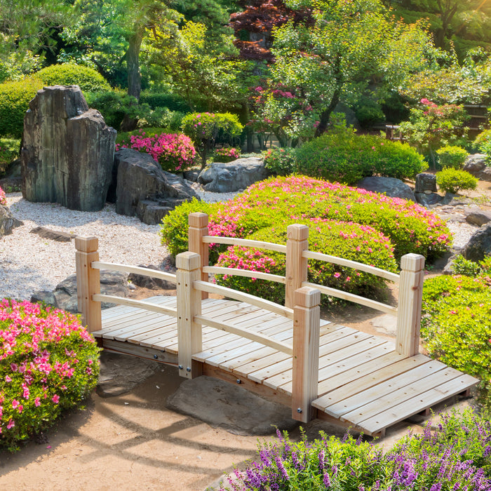 Pont De Jardin En Bois Outsunny 5pi Exterieur Decoratif Paysage Rails Lateraux Arriere-cour Lune Pont, Parc, Decor, Bois Naturel