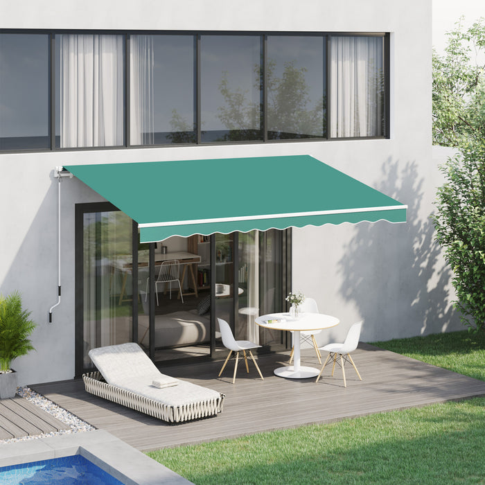 Auvent De Patio Retractable Manuel Outsunny De 13 Pi X 8 Pi, Pare-soleil Resistant A L'eau, Cadre En Aluminium Pour Abri De Porte De Fenetre De Terrasse Exterieure (vert Fonce)