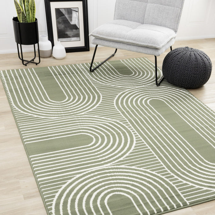 Tapis Florence vert et blanc a motifs geometriques modernes en arches, 2'7\" x 4'11\"
