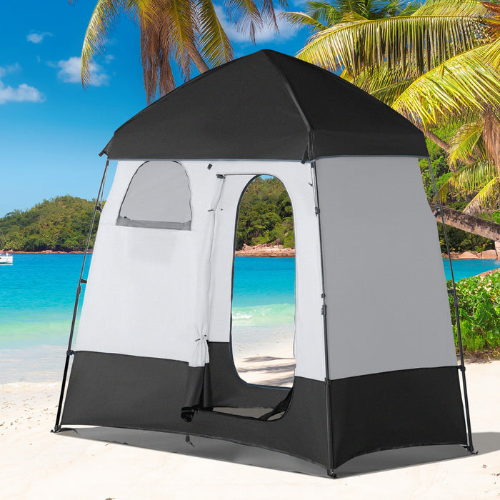 Outsunny Tente De Douche De Camping Pop Up Pliable Abri D'intimite Portable Pour 2 Personnes, Vestiaire Avec 2 Fenetres, 3 Portes, Sac De Transport, Gris Et Noir
