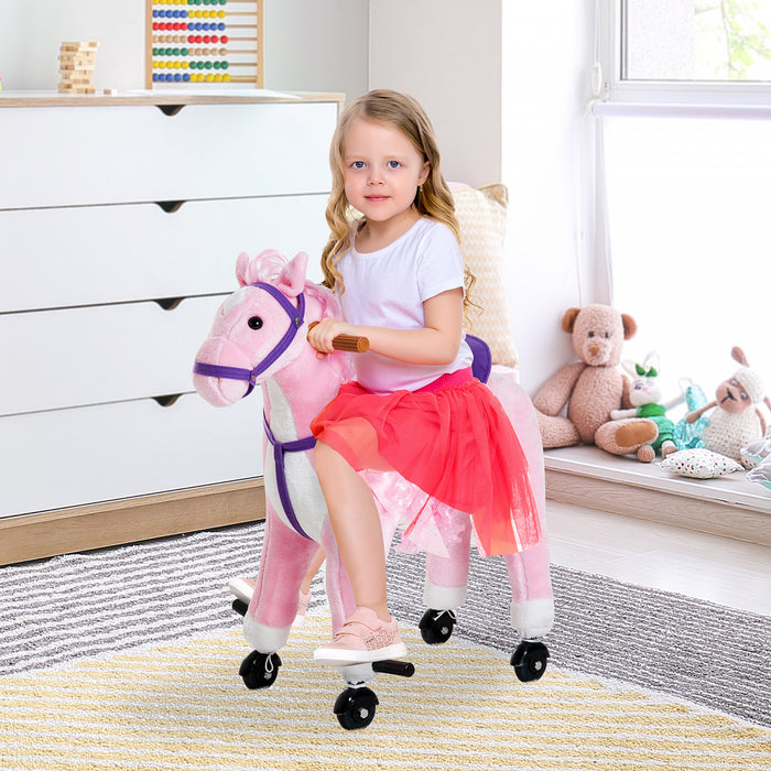 Poney De Marche Pour Enfants Qaba Cheval A Bascule Peluche Sonore Hennissement Du Cheval Avec Roue Cadeau Enfant 110lb Capacite De Poids Rose