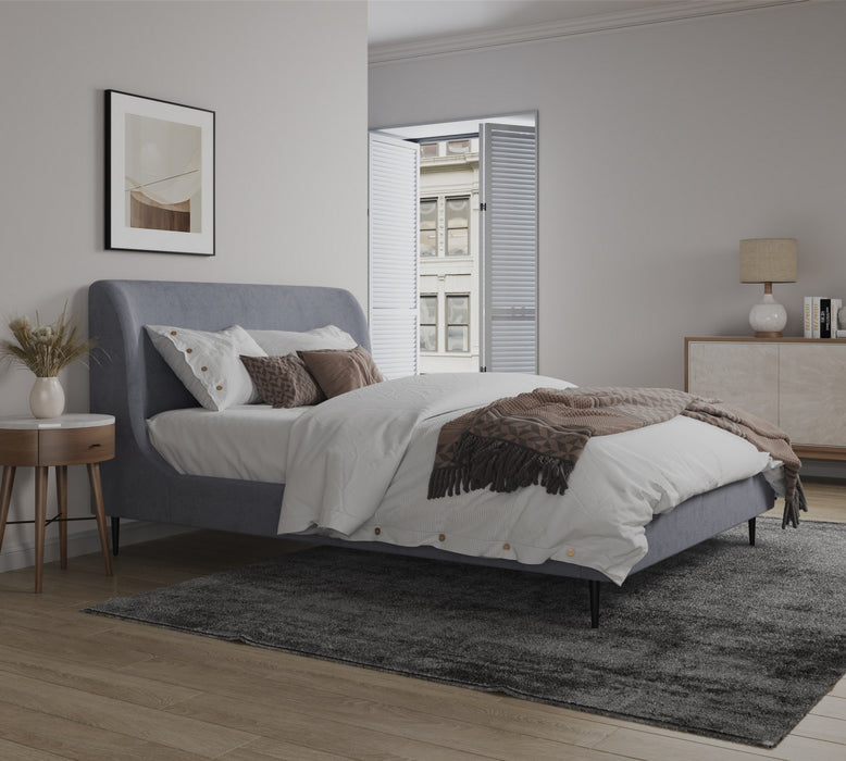 Lit Queen Heather style milieu du siecle moderne, rembourre en velours gris et noir