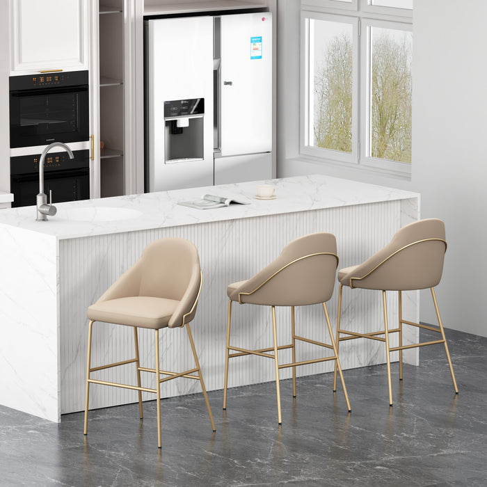 Tabouret de bar moderne en metal Gracie avec revetement en tissu, coloris beige et or - Lot de 3
