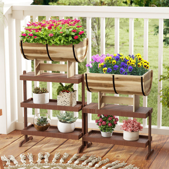 Costway 2 Pcs Exterieur Planteur En Bois Acacia Bois Solide Demi-baril Planteur Boite Avec Jambes