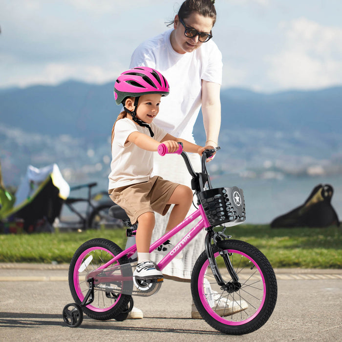 Costway 16\" Velo Pour Enfants Avec Roues D'entrainement Guidon Reglable Et Frein A Main De Siege Rose