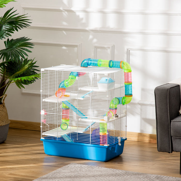 Pawhut Cage Pour Hamster Extra Large 23\" Avec Tubes Et Tunnels, Poignees De Transport, Maison Pour Rats, Design A 5 Niveaux, Avec Roue D'exercice, Bouteille D'eau, Plat De Nourriture, Bleu