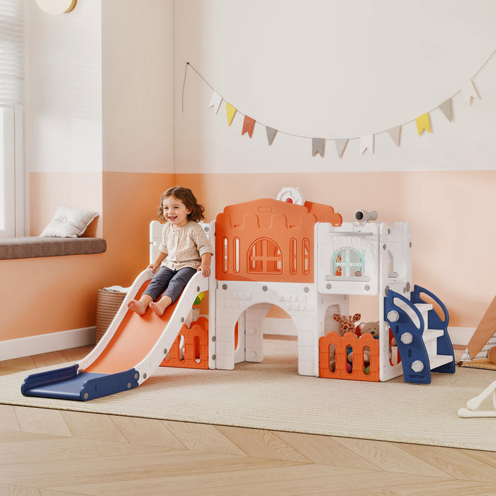 Qaba Toboggan 9-en-1 pour Tout-Petits avec Panier de Basket, pour Enfants de 1 a 3 Ans, Orange