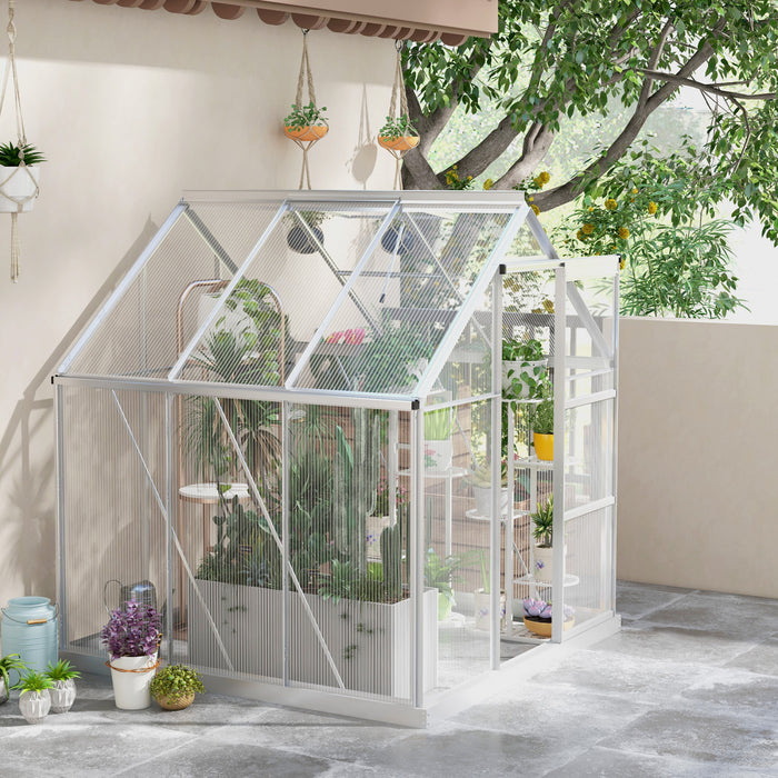 Outsunny Serre En Polycarbonate De 6' X 4', Serre De Plain-pied Avec Porte Coulissante, Fenetre Reglable, Cadre Et Fondation En Aluminium, Maison De Culture De Jardin Avec Gouttiere, Argente