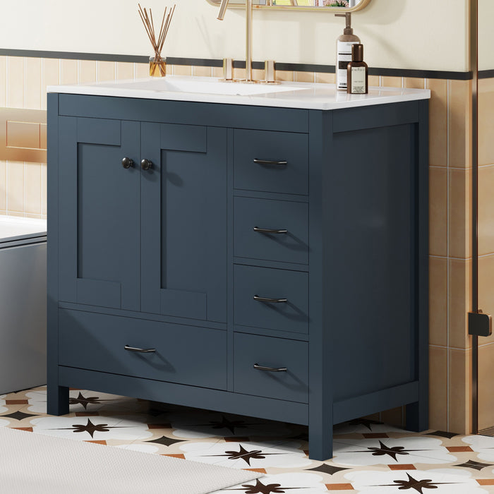 Meuble de salle de bain moderne Derek 36 pouces avec lavabo ceramique et rangement multiple, bleu