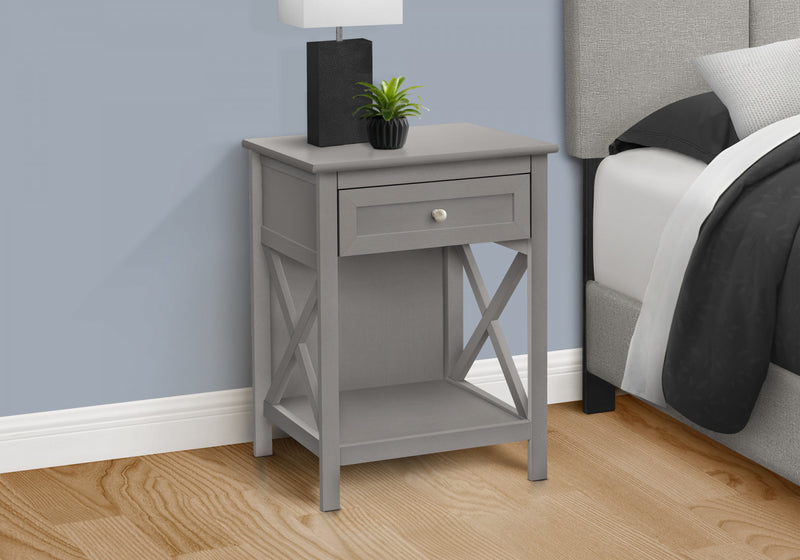 Table de bout, d’appoint et de nuit de style transitionnel à 2 niveaux, avec tiroir de rangement et placages gris antique pour la chambre à coucher