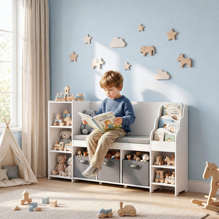 Qaba etagere de rangement enfant avec coin lecture, 3 tiroirs en tissu pour salle de jeux
