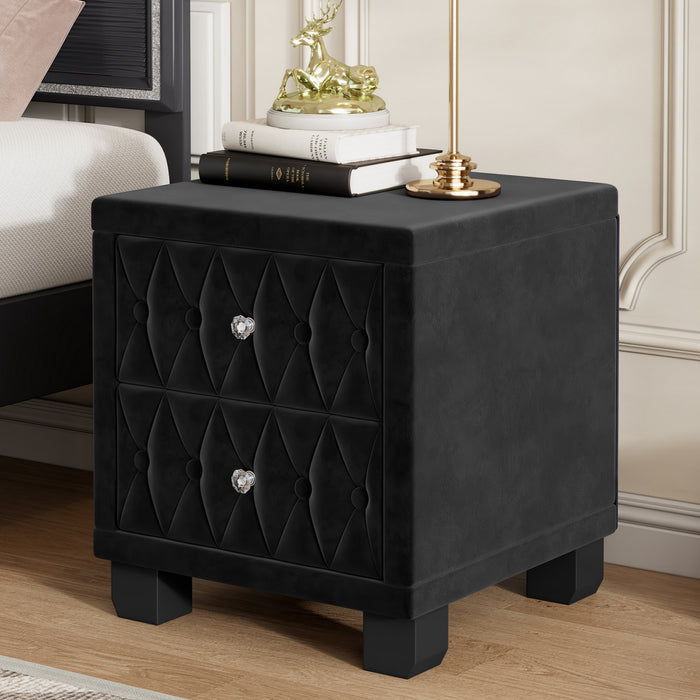 Sophia Table de Nuit Elegante en Velours avec Tiroirs et Design Capitonne, Noir